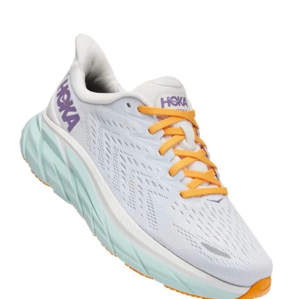 Hoka Clifton 8 White and Orange Athletic Shoes with Breathable Mesh